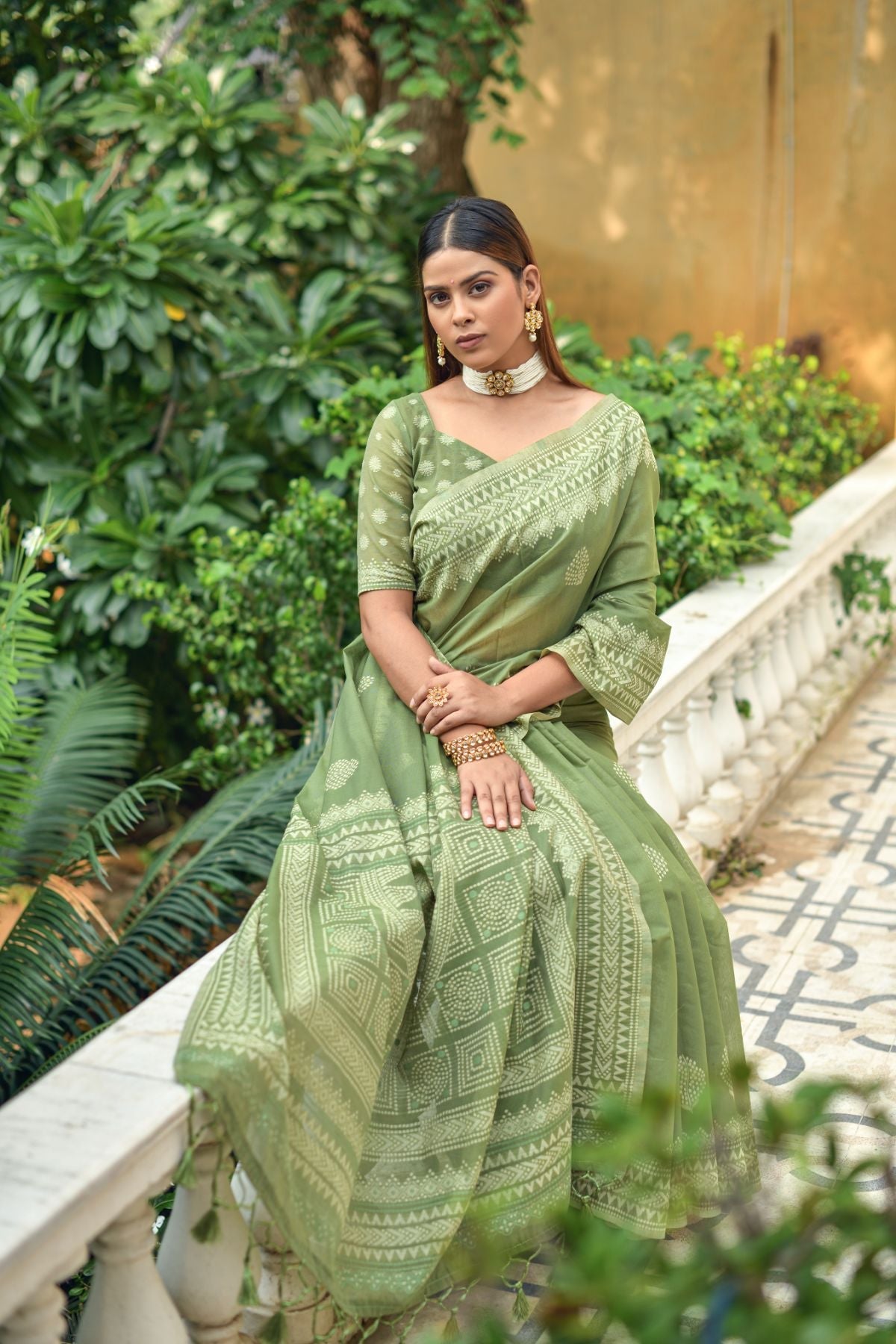 Buy MySilkLove Verdigris Green Lucknowi Cotton Saree Online