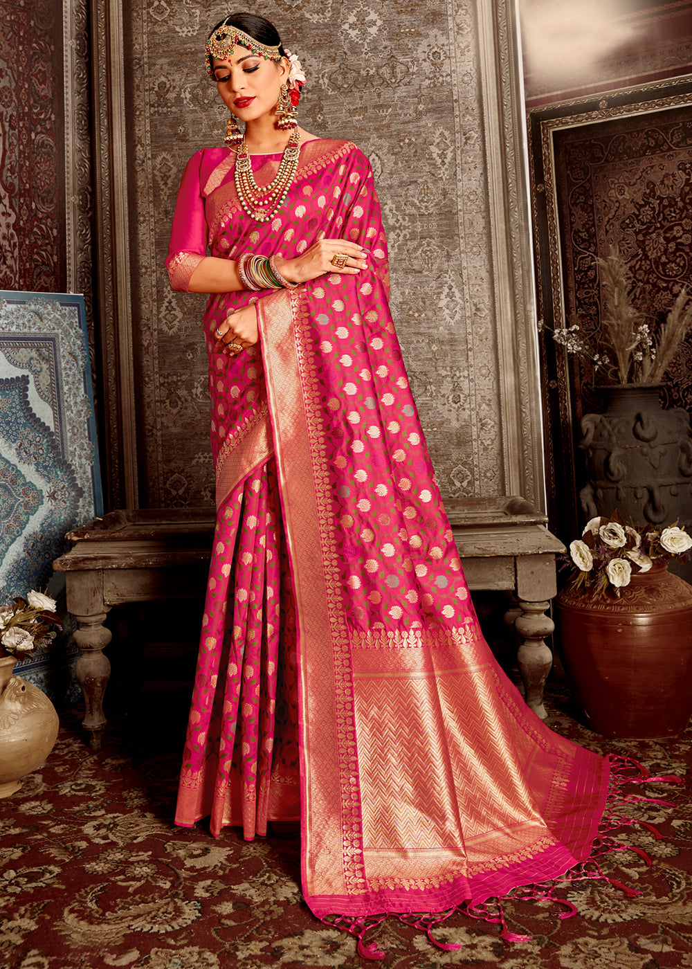 Buy MySilkLove Mandy Pink Zari Woven Banarasi Brocade Silk Saree Online