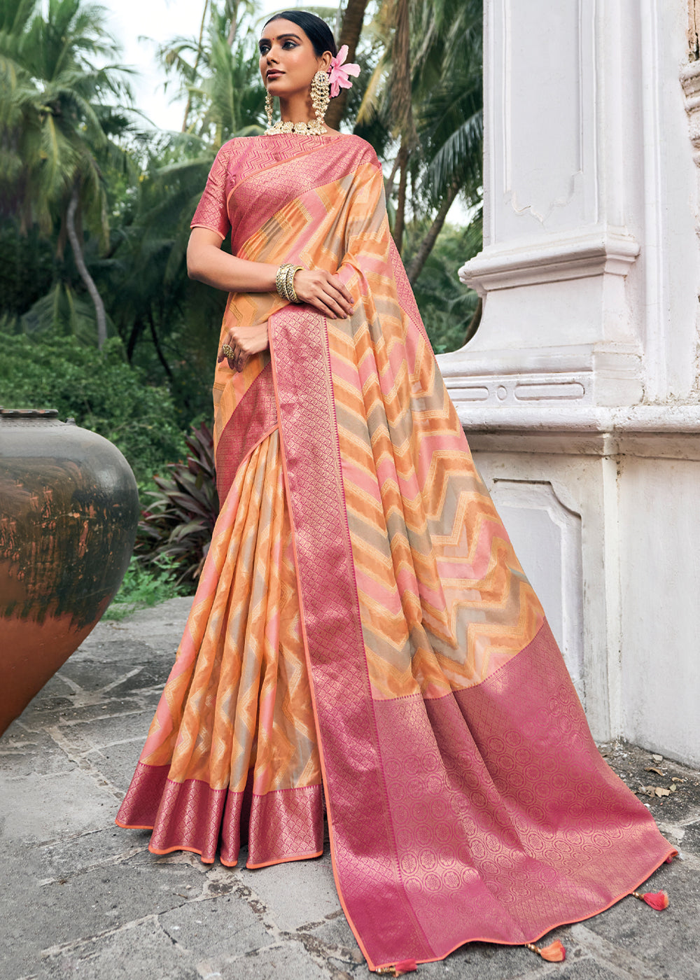 Buy MySilkLove Wewak Pink and Orange Woven Organza Banarasi Silk Saree Online
