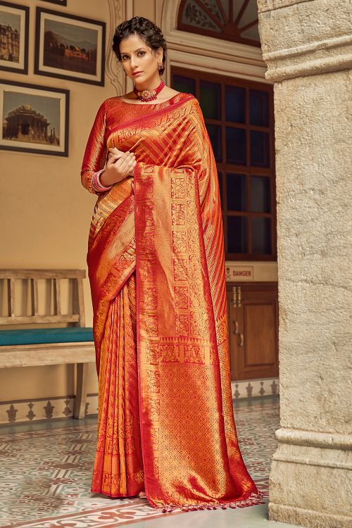 Buy MySilkLove Valencia Red and Orange Zari Woven Tanchui Kanjivaram Fusion Silk Saree Online