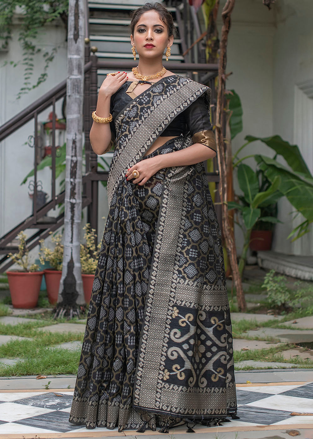 Buy MySilkLove Fuscous Black Zari Woven Tussar Saree Online