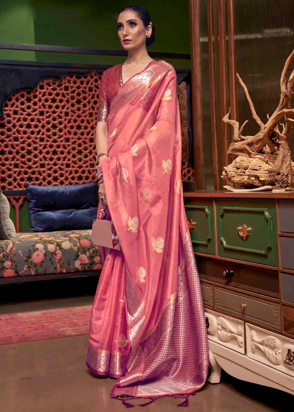 Buy MySilkLove Froly Pink Zari Woven Two Tone Organza Saree Online