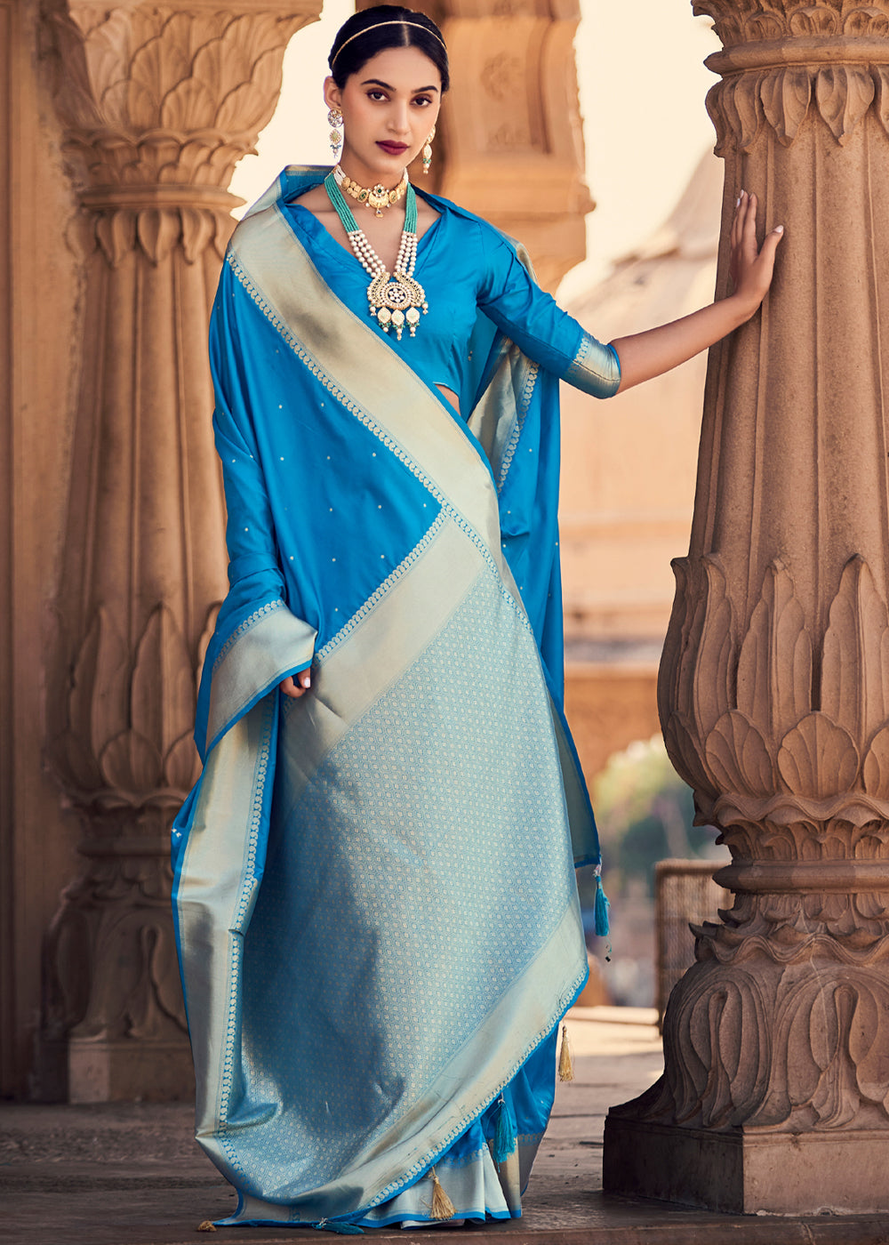 Buy MySilkLove Cerulean Blue Woven Banarasi Satin Silk Saree Online