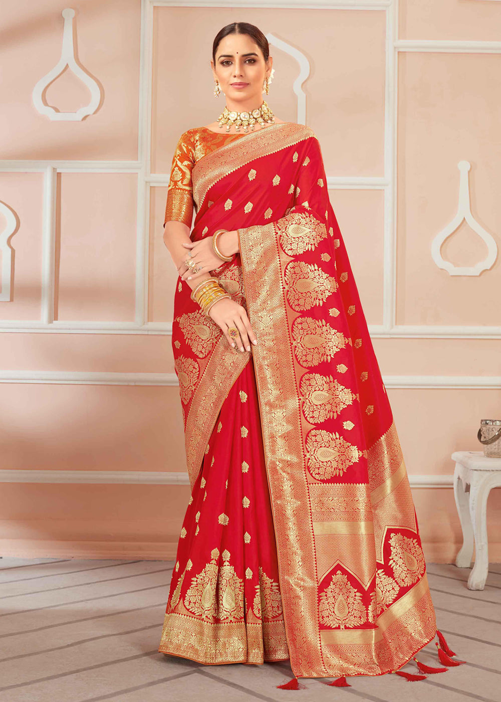 Buy MySilkLove Flower Red Zari Woven Banarasi Silk Saree Online