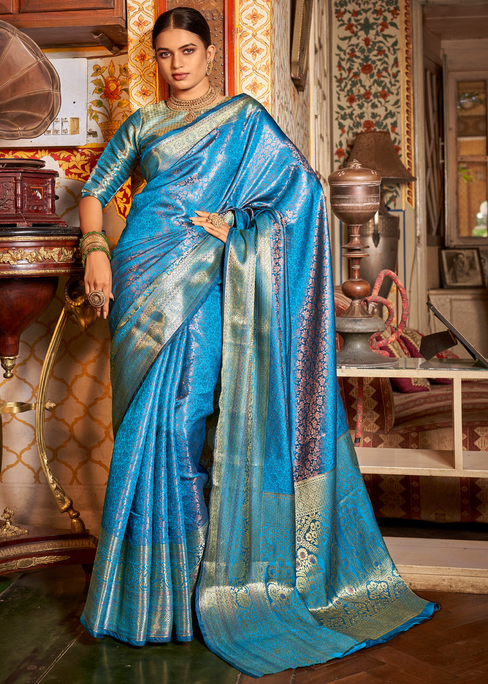 Buy MySilkLove Turquoise Blue Bronze Zari Woven Kanjivaram Saree Online