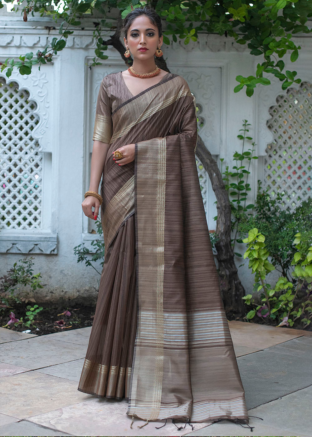 Buy MySilkLove Emperor Brown Zari Woven Tussar Silk Saree Online