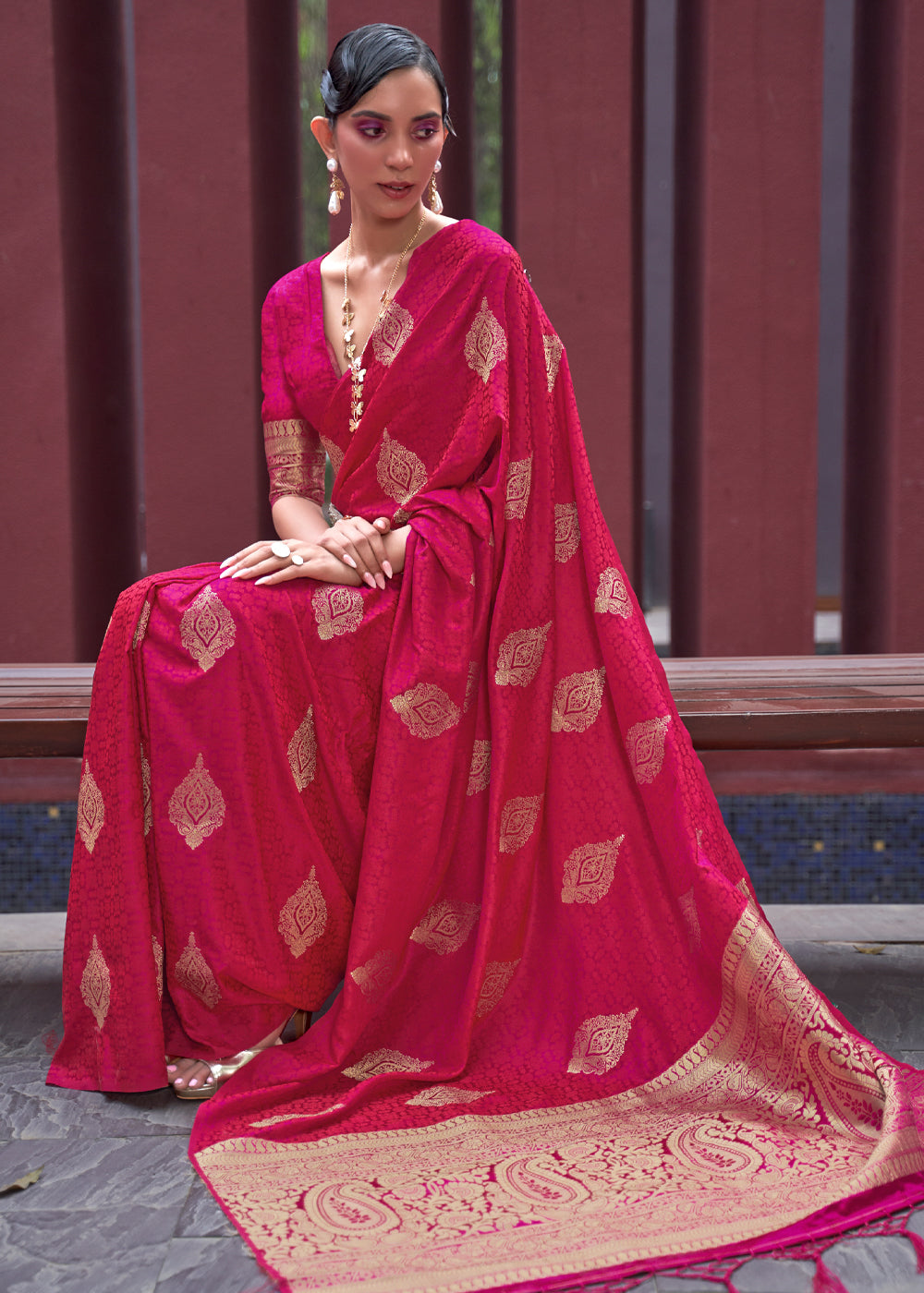 MySilkLove Maroon Flush Pink Banarasi Woven Satin Silk Saree