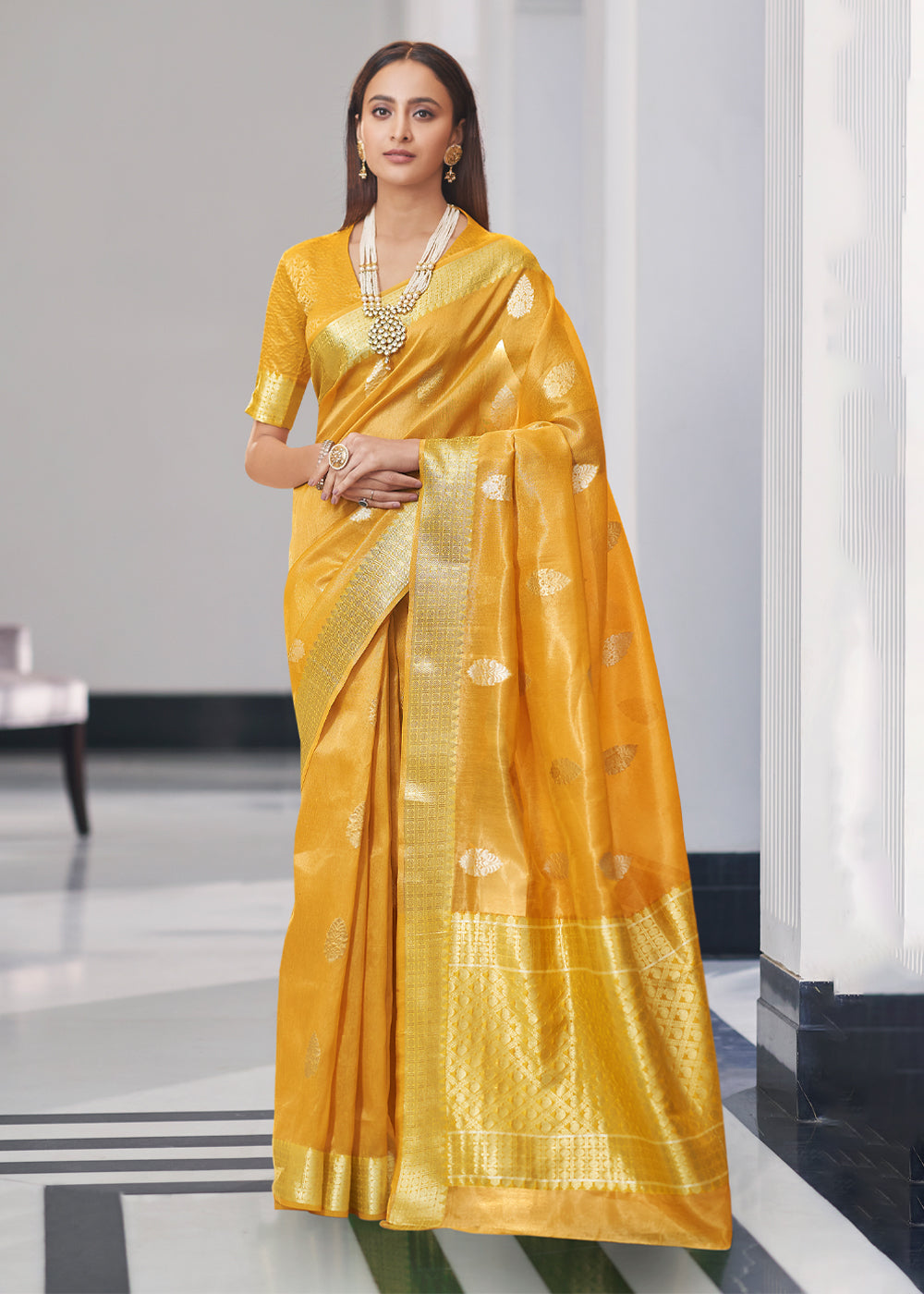 Buy MySilkLove Saffron Yellow Zari Woven Tissue Banarasi Silk Saree Online