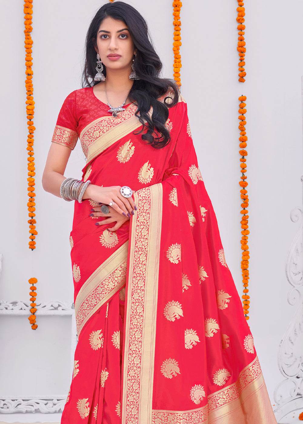 Buy MySilkLove Sunset Red Zari Woven Banarasi Silk Saree Online