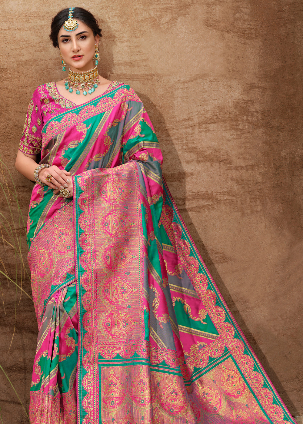 Buy MySilkLove Mandy Pink and Green Woven Designer Banarasi Silk Saree Online