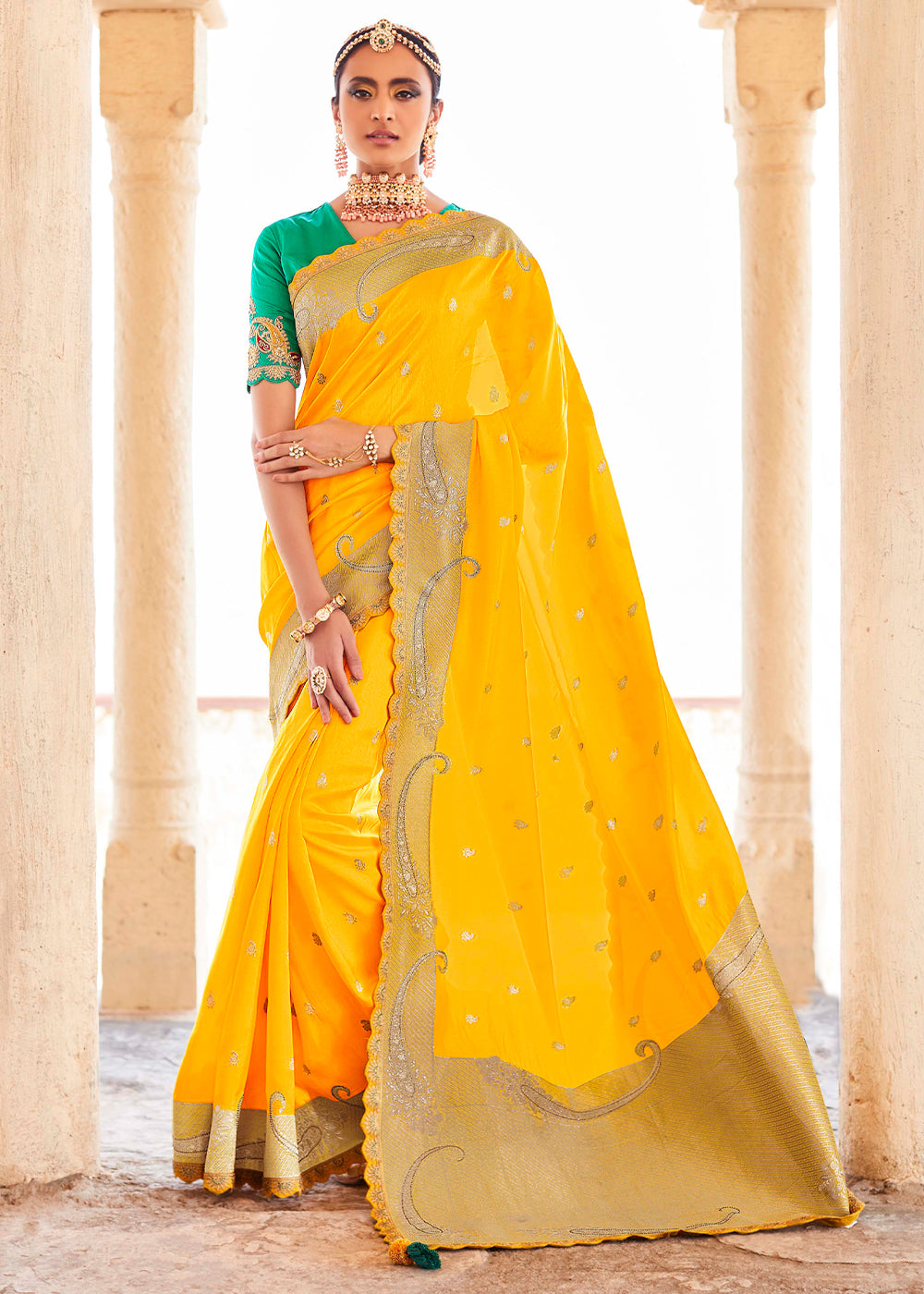 Buy MySilkLove Paris Yellow and Green Zari Woven Designer Banarasi Saree Online