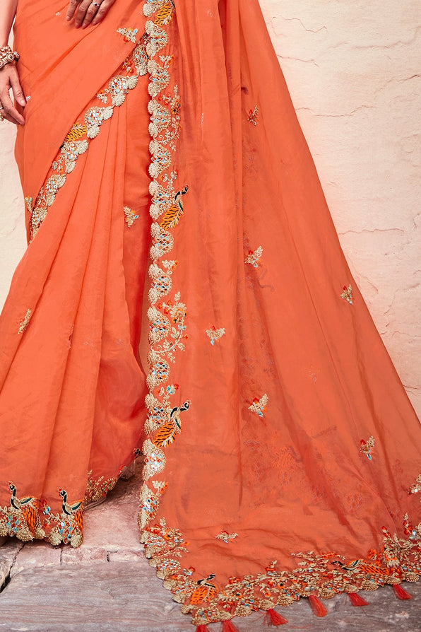 Buy MySilkLove Flamingo Orange and Green Organza Saree Online