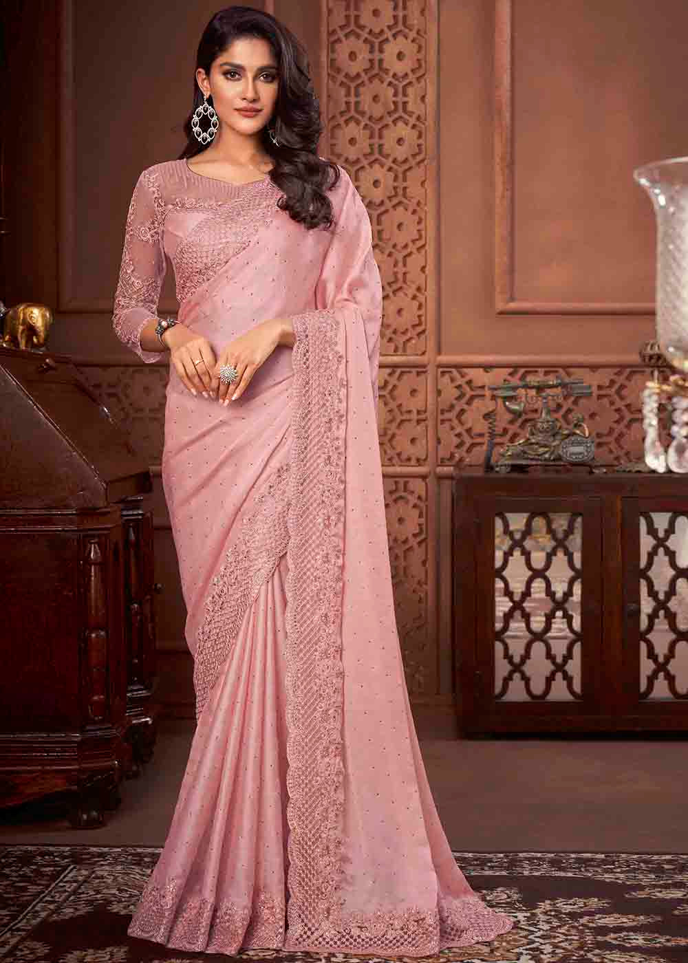 Buy MySilkLove Puce Pink Satin Silk Designer Saree Online