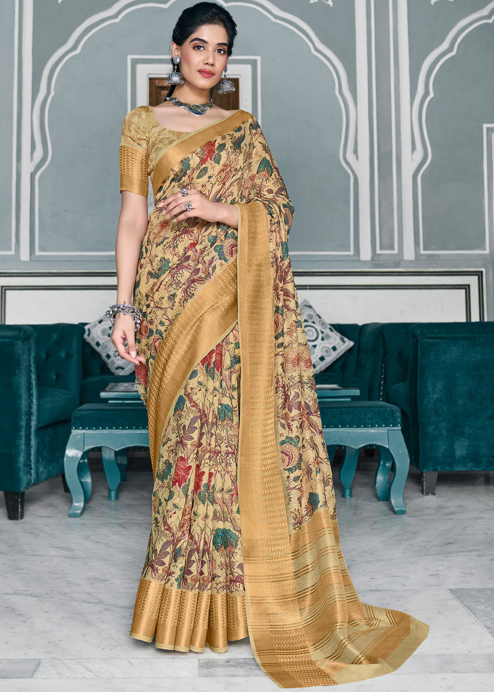 Buy MySilkLove Maize Yellow Banarasi Printed Saree Online