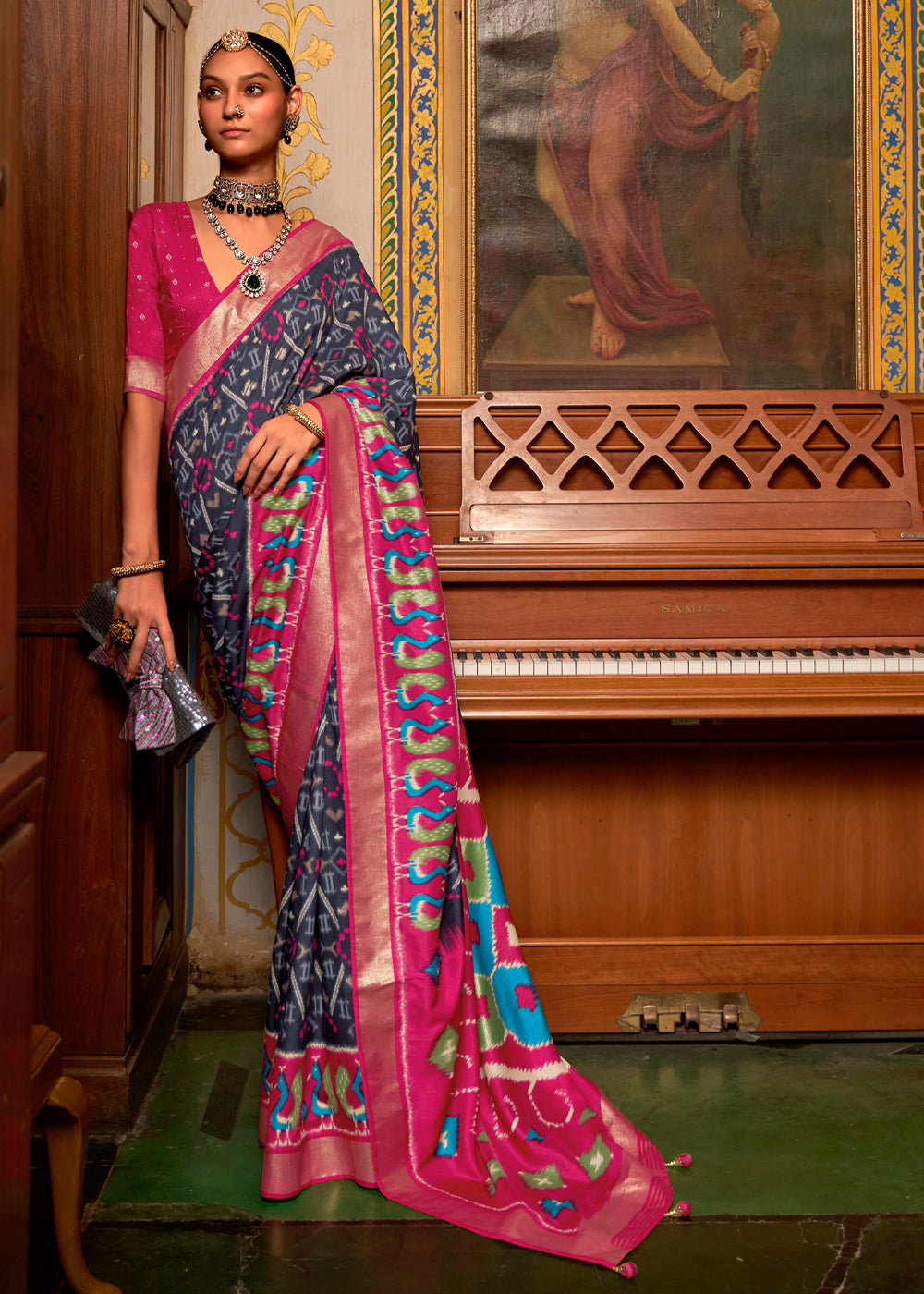 Buy MySilkLove Trout Blue and Pink Patola Silk Saree Online