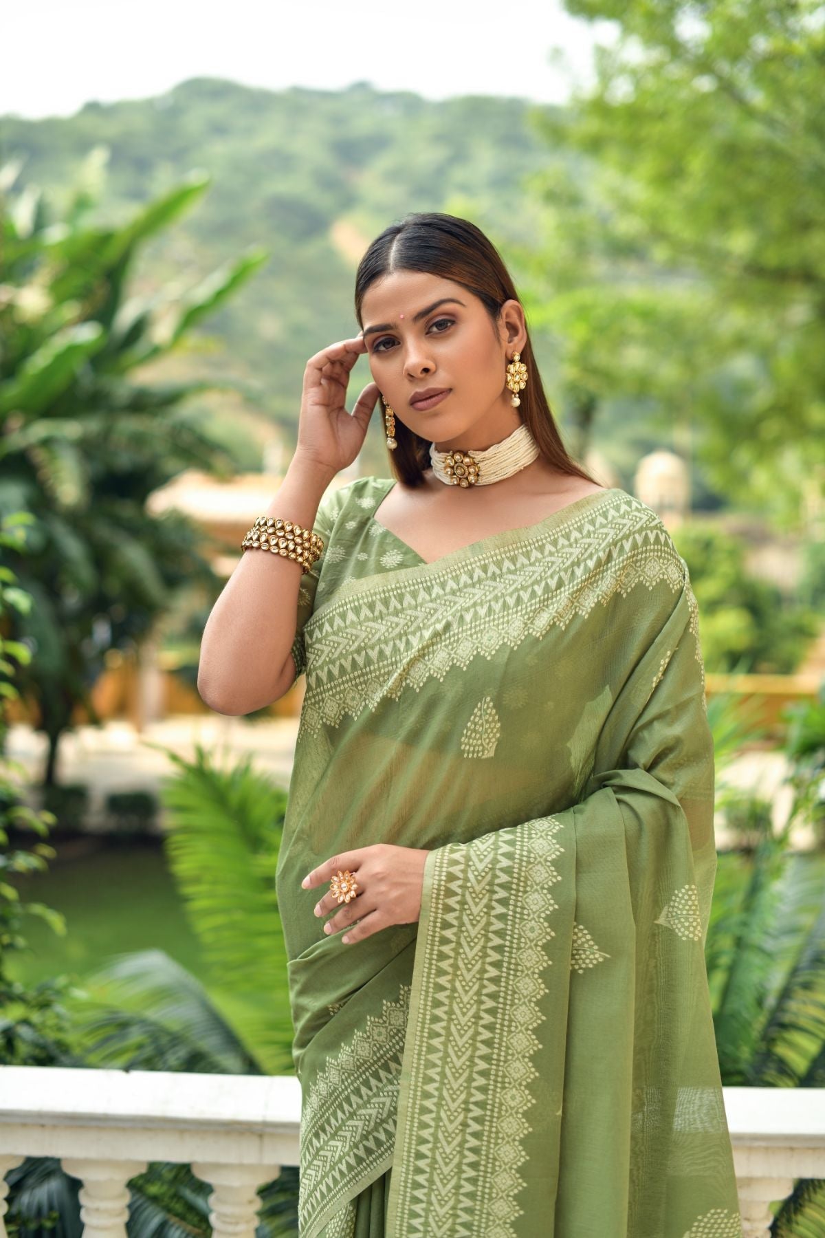 Buy MySilkLove Verdigris Green Lucknowi Cotton Saree Online