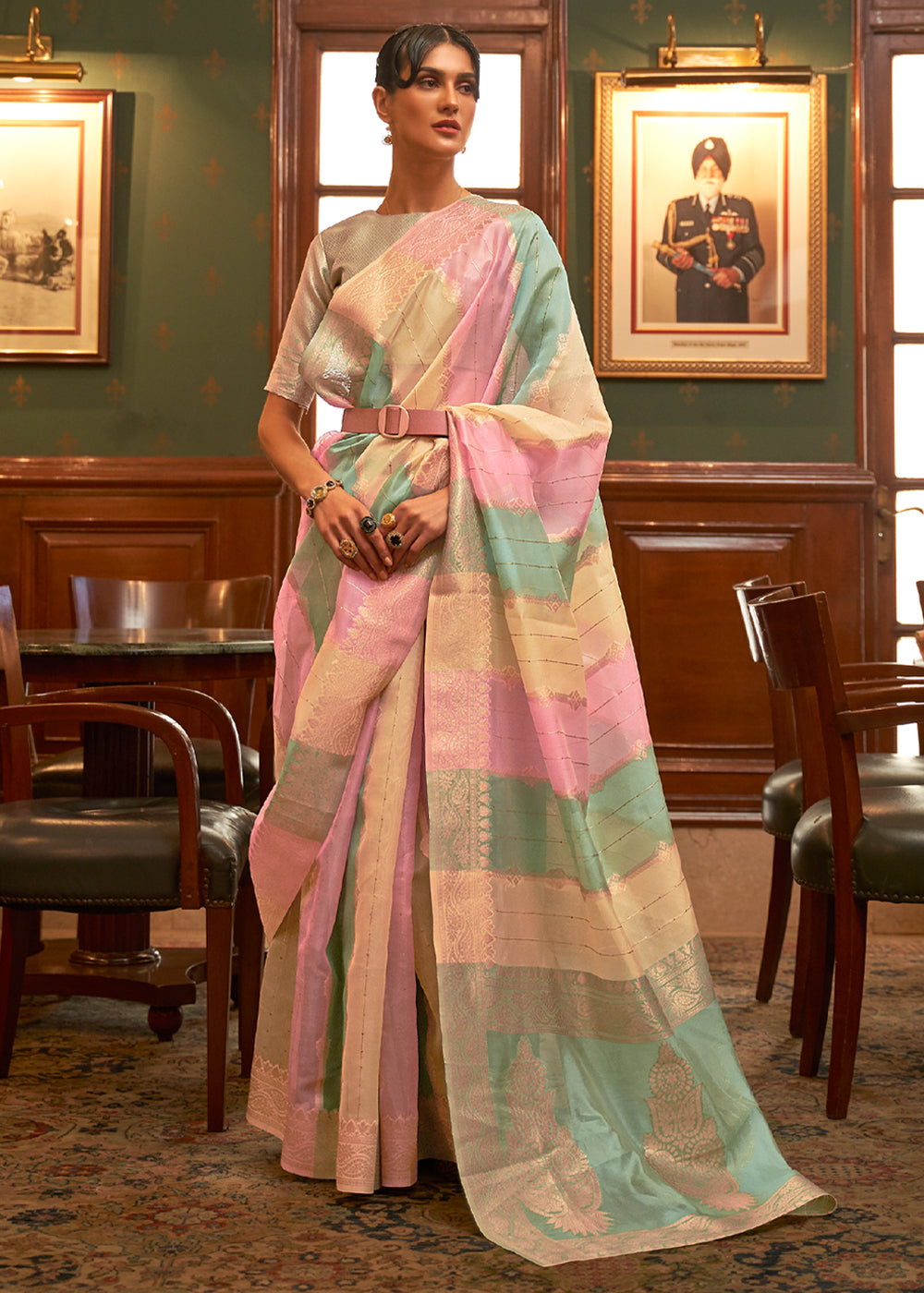 Buy MySilkLove Sea Pink Blue and Yellow Zari Woven Banarasi Organza Saree Online