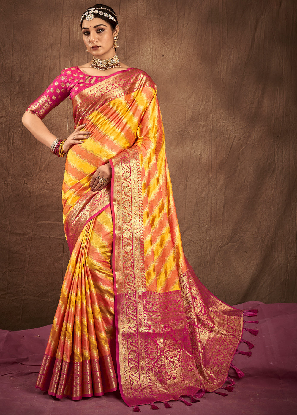 Buy MySilkLove Tainoi Yellow and Orange Woven Rangkath Banarasi Silk Saree Online