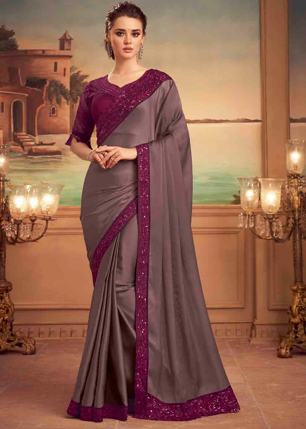 Buy MySilkLove Ferra Grey Purple Embroidered Satin Silk Designer Saree Online