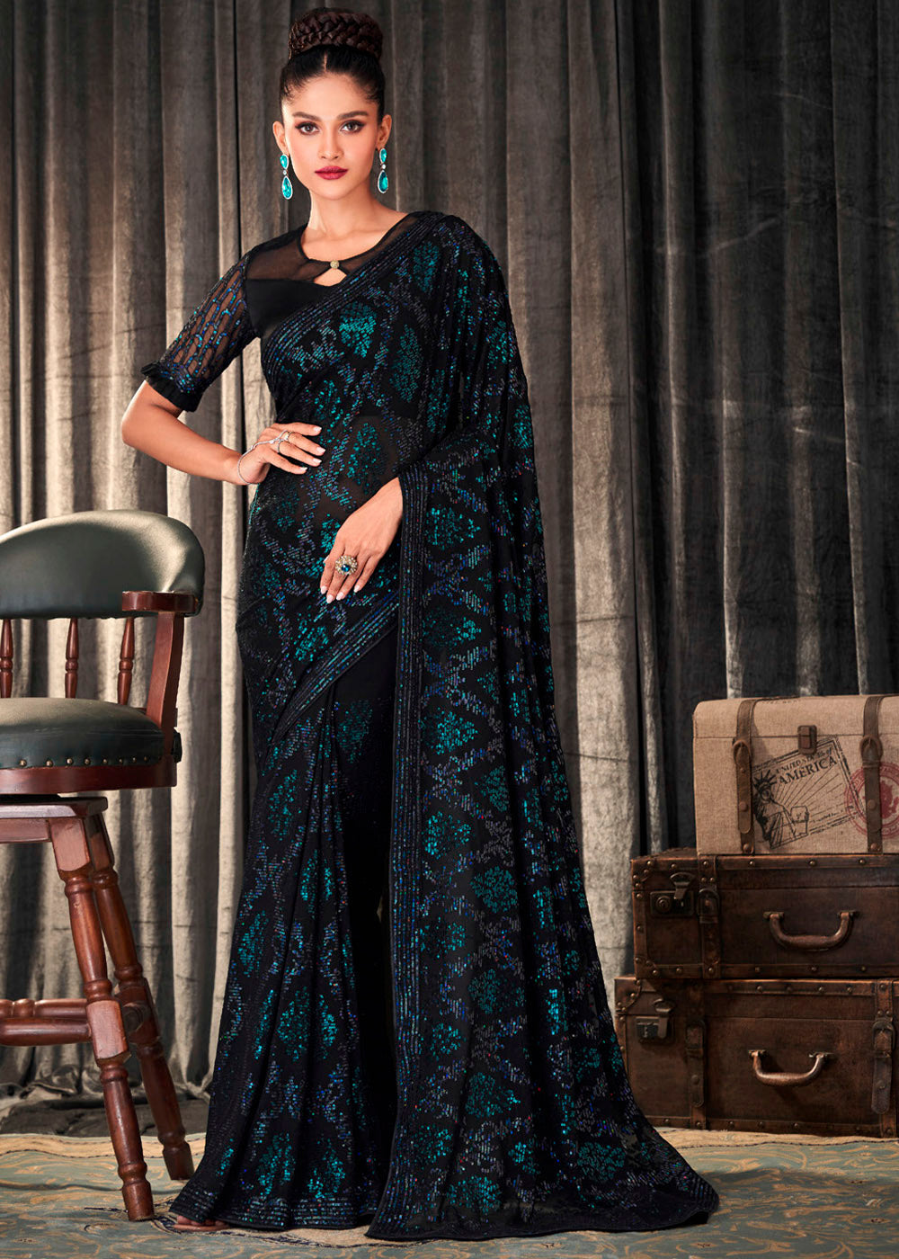 Buy MySilkLove Spectra Black and Green Sequins Embroidered Designer Georgette Saree Online