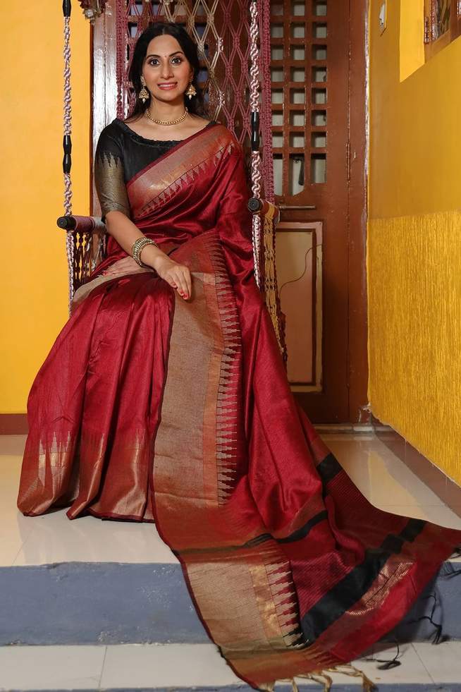 Buy MySilkLove Burnt Umber Brown Tussar Silk Saree Online