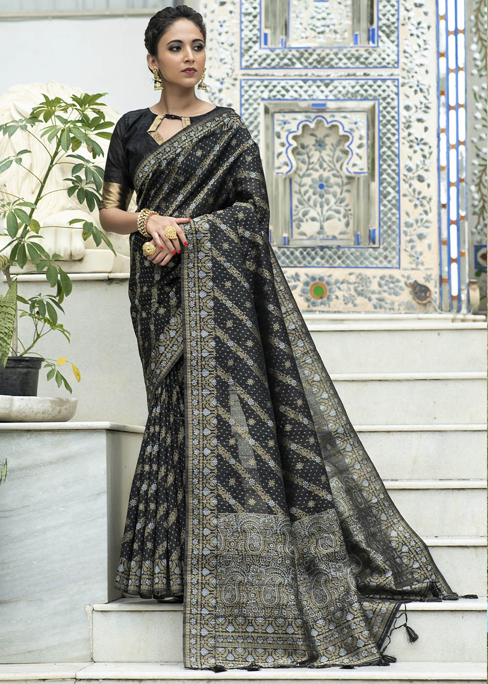 Buy MySilkLove Metal Black Zari Woven Tussar Silk Saree Online