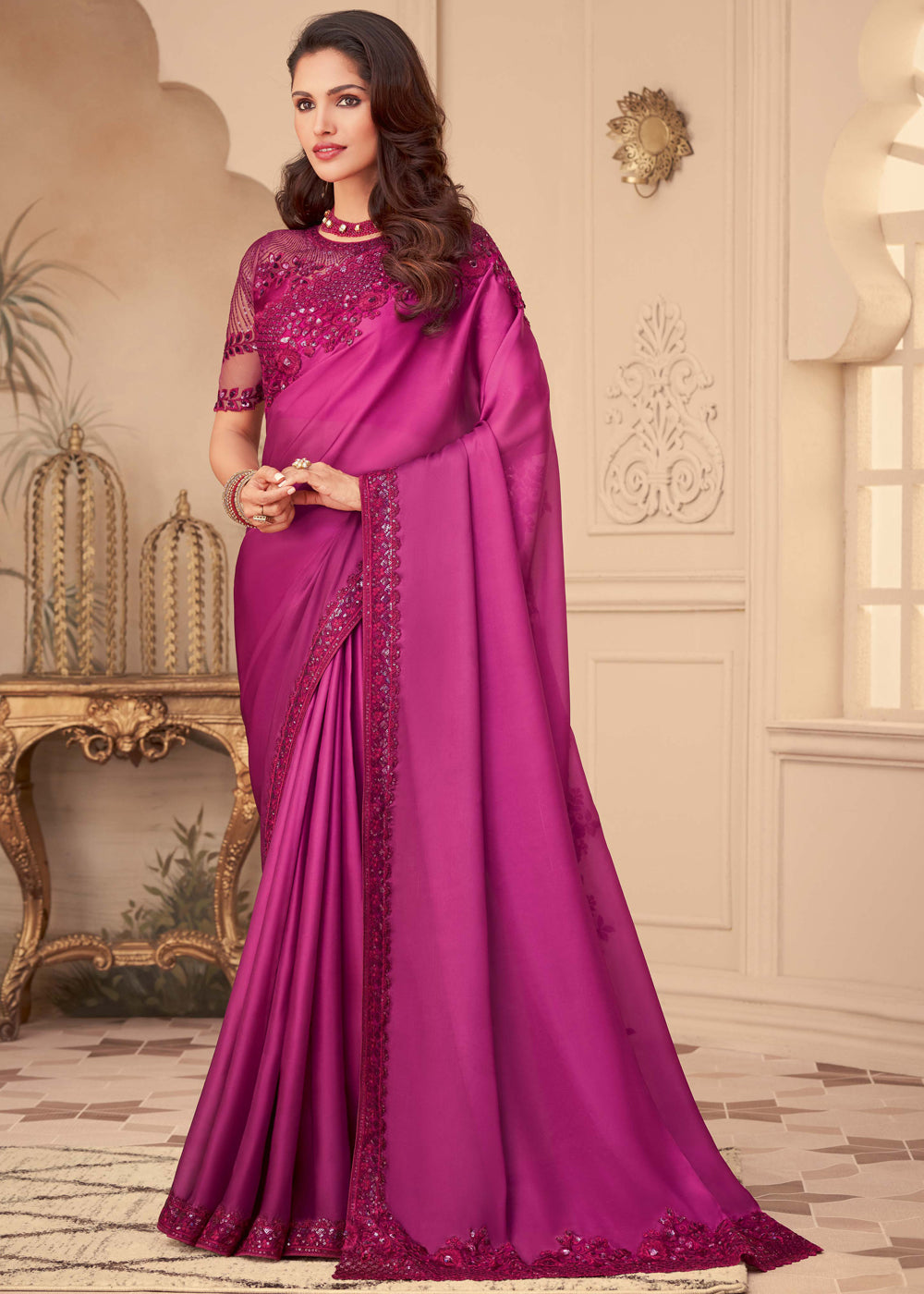 Buy MySilkLove Mystic Pearl Pink Georgette Designer Saree with Embroidered Blouse Online