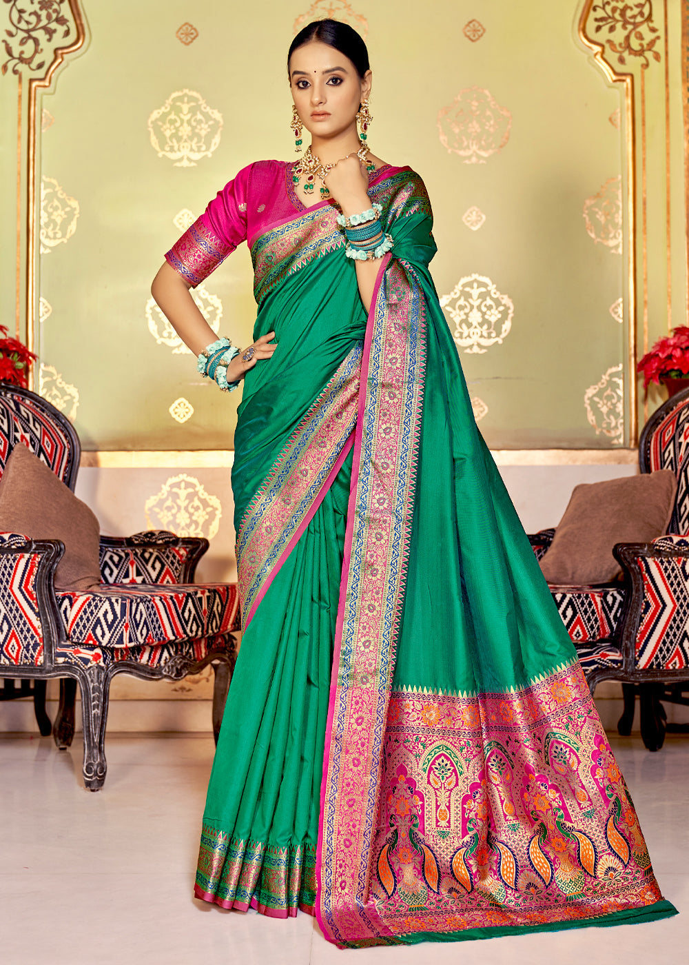 Buy MySilkLove Pine Green and Pink Zari Woven Banarasi Soft Silk Saree Online