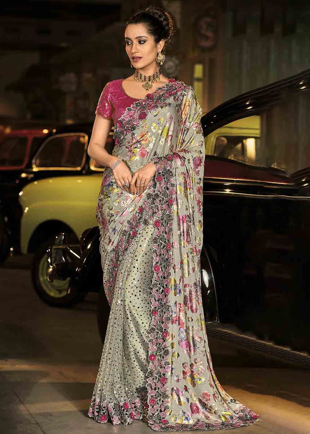 Buy MySilkLove Thistle Silver and Pink Heavy Work Designer Net Saree Online