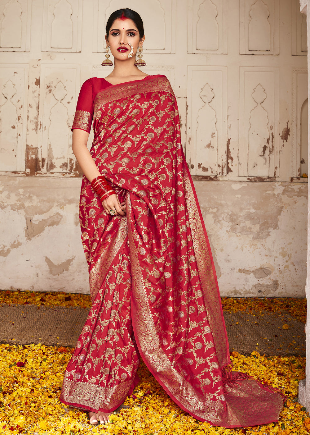 Buy MySilkLove Jasper Dark Red Zari Woven Banarasi Saree Online