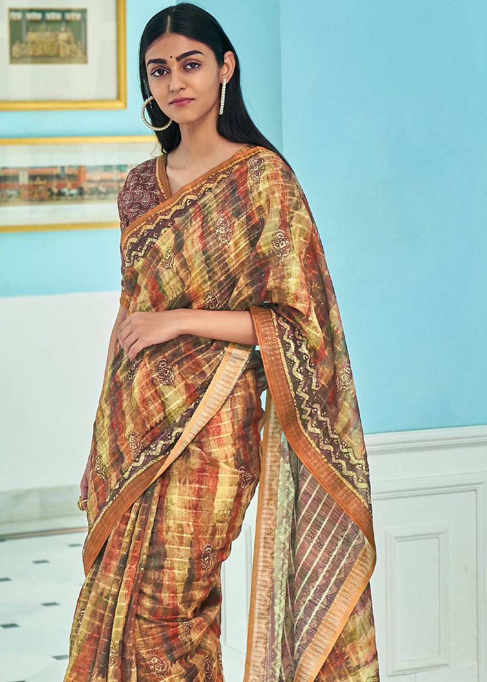 Buy MySilkLove Antique Brown Printed Linen Saree Online