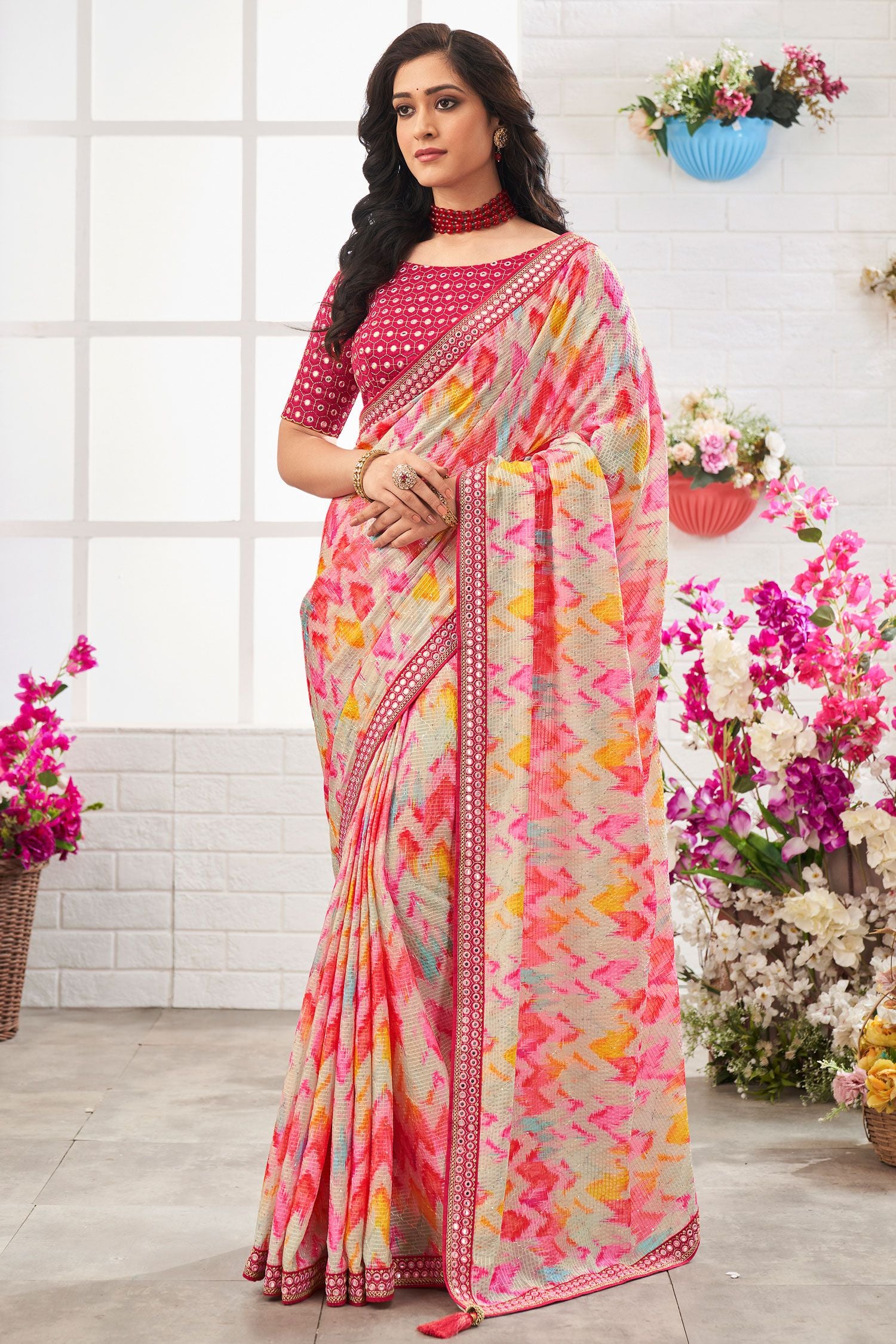 Buy MySilkLove Pastel Pink Chinon Printed Saree Online