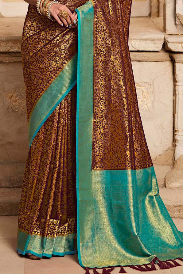 Buy MySilkLove Redwood Brown and Blue Zari Woven Kanjivaram Saree Online