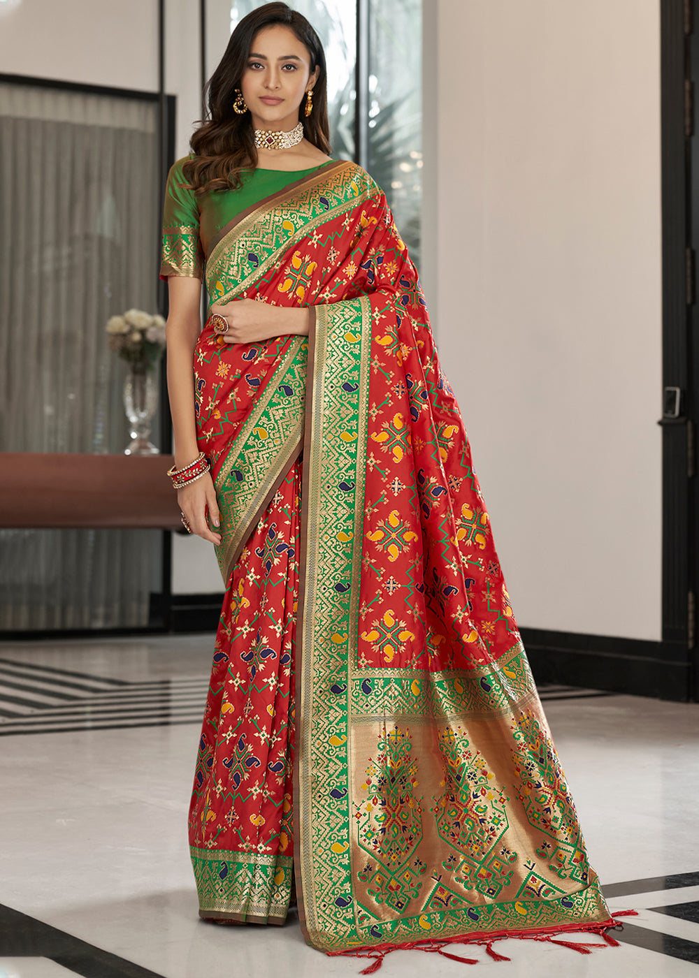 Buy MySilkLove Jasper Red and Green Zari Woven Banarasi Patola Saree Online