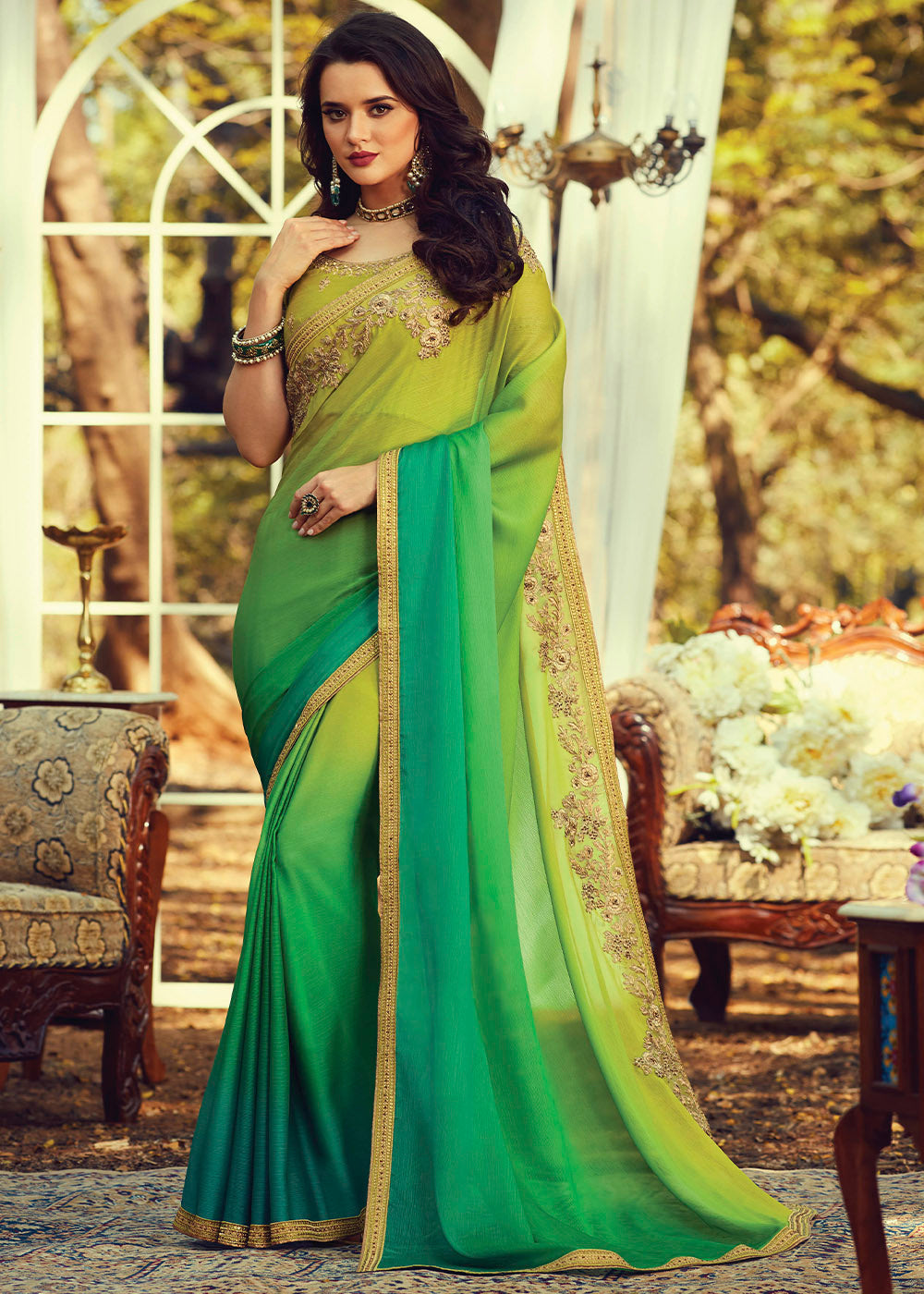 Buy MySilkLove Fern Green and Yellow Embroidered Designer Saree Online