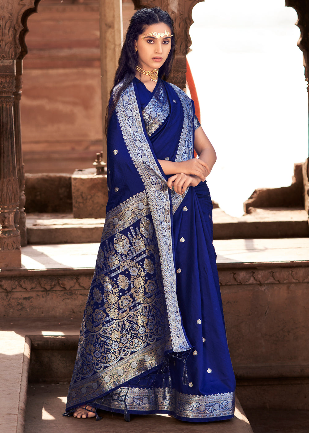 Buy MySilkLove Astronaut Blue Woven Banarasi Satin Silk Saree Online