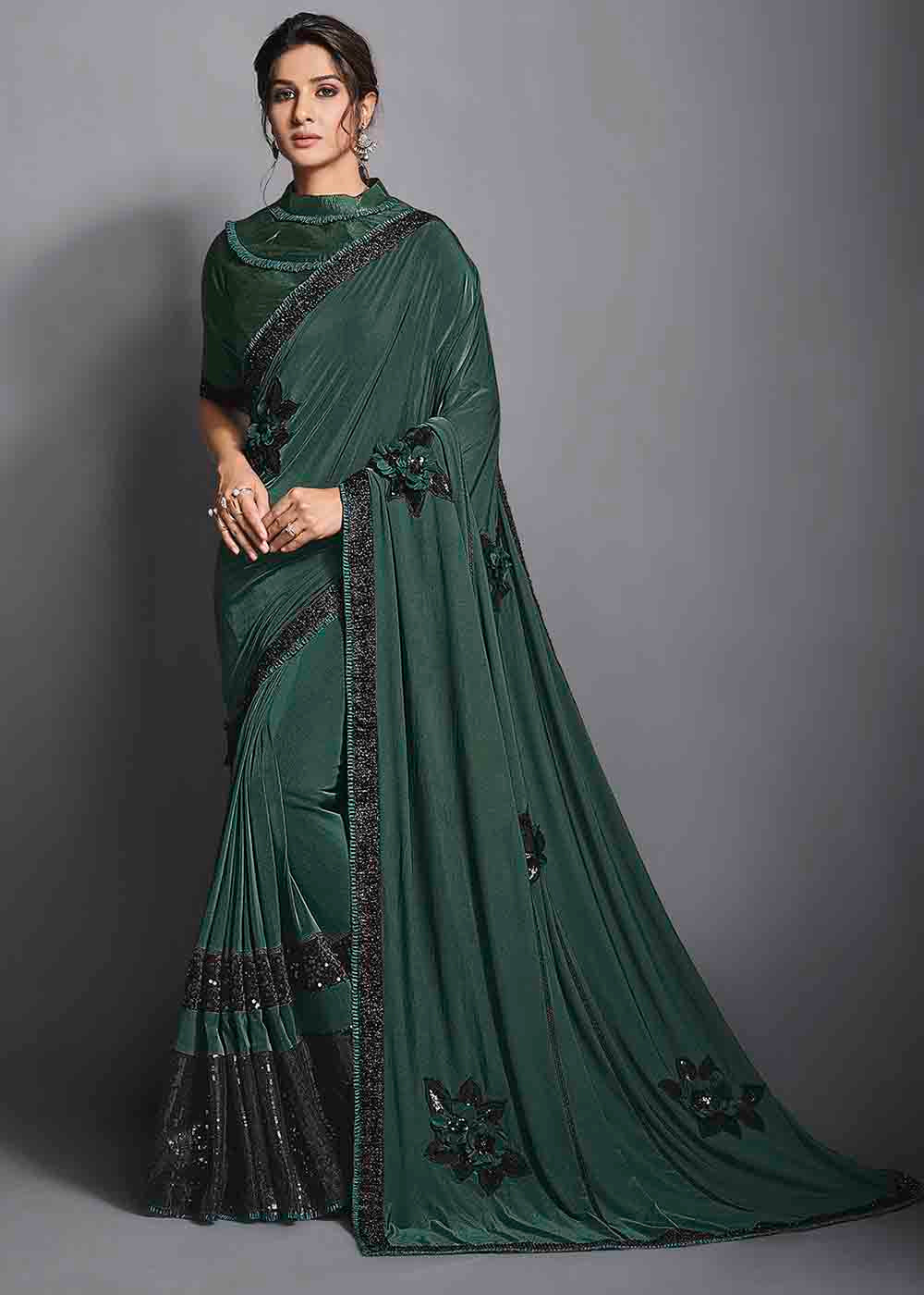 Buy MySilkLove Mineral Green Designer Lycra Saree with Embroidery Work Online