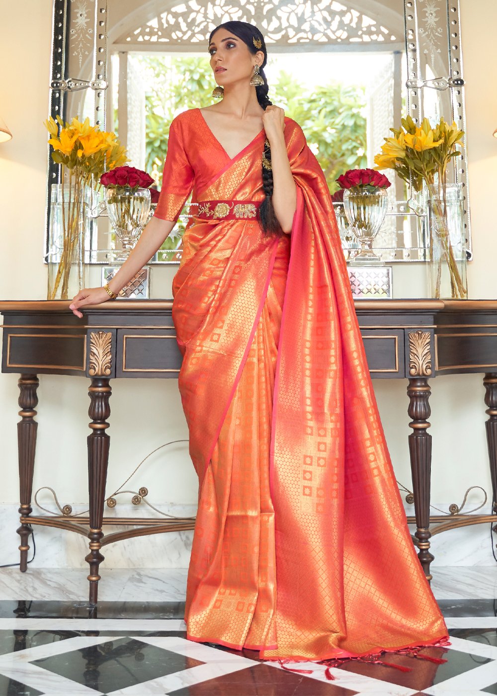 Buy MySilkLove Pearl Orange Zari Woven Kanjivaram Saree Online