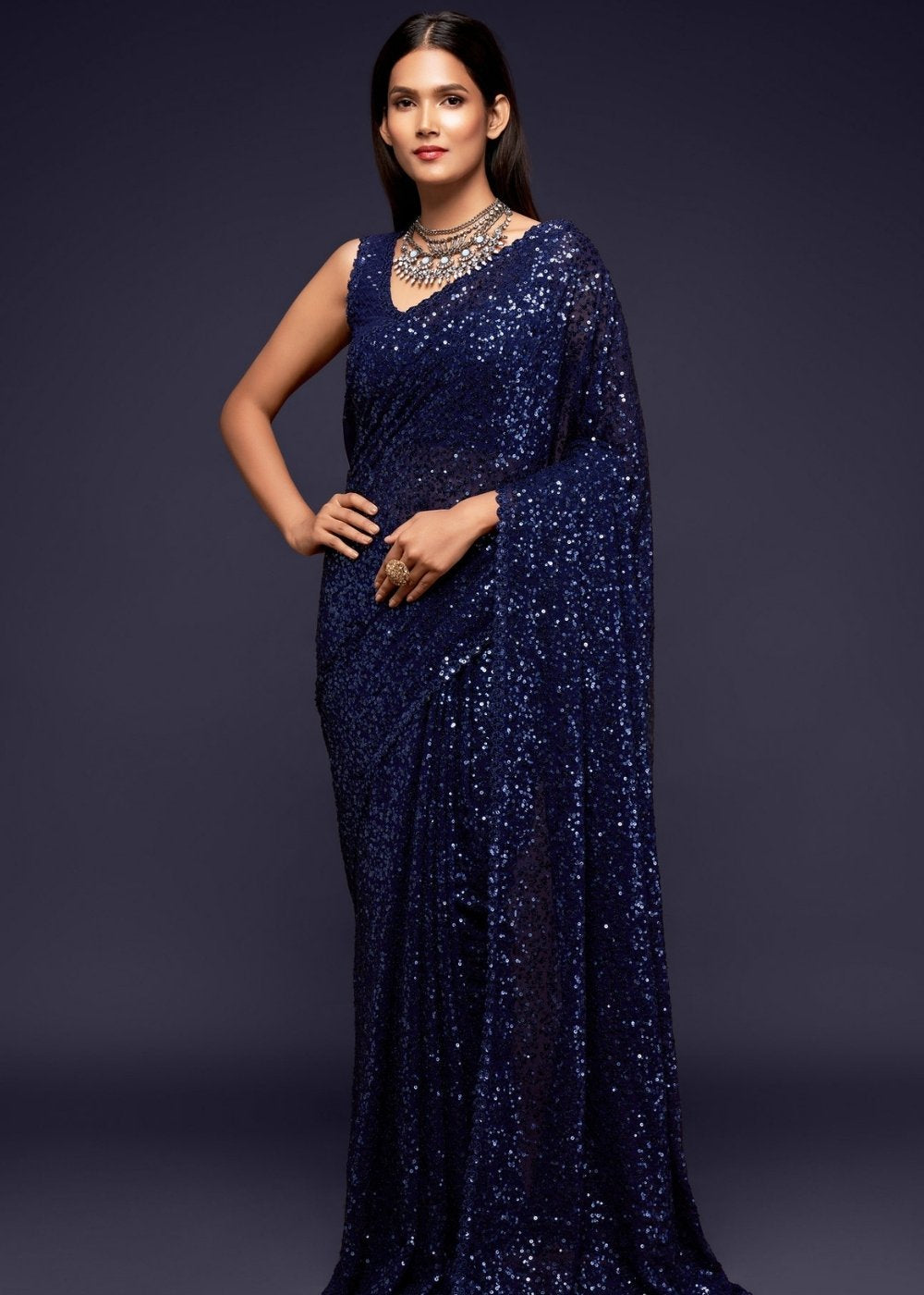 MySilkLove Mirage Dark Blue Georgette Partywear Saree