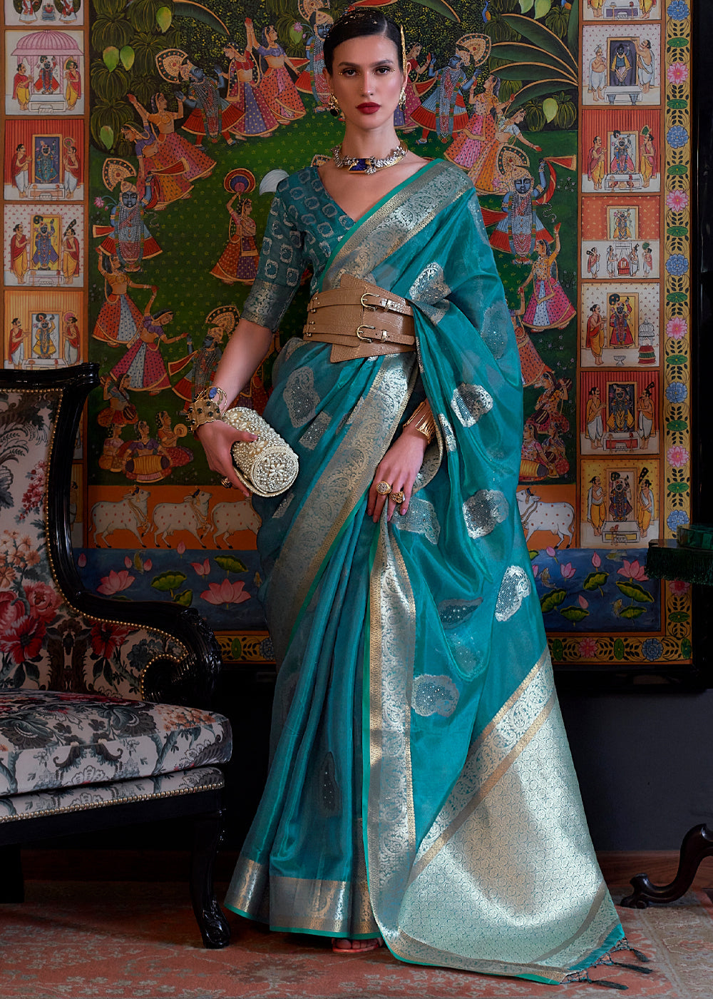 Buy MySilkLove Metallic Seaweed Blue Woven Banarasi Organza Silk Saree Online