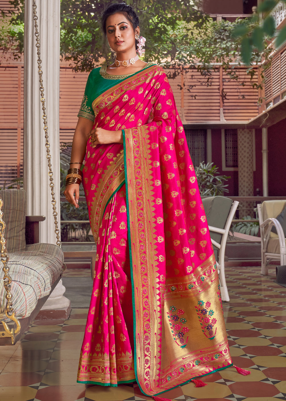 Buy MySilkLove Deep Pink and Green Zari Woven Banarasi Brocade Saree Online