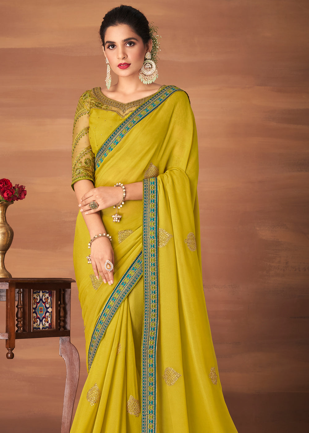 Buy MySilkLove Grass Yellow Designer Saree with Embroidered Blouse Online