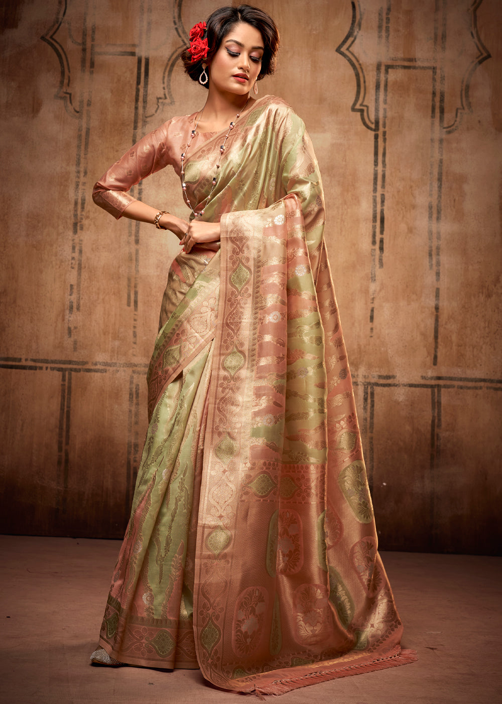 Buy MySilkLove Barley Green and Peach Zari Woven Banarasi Organza Saree Online