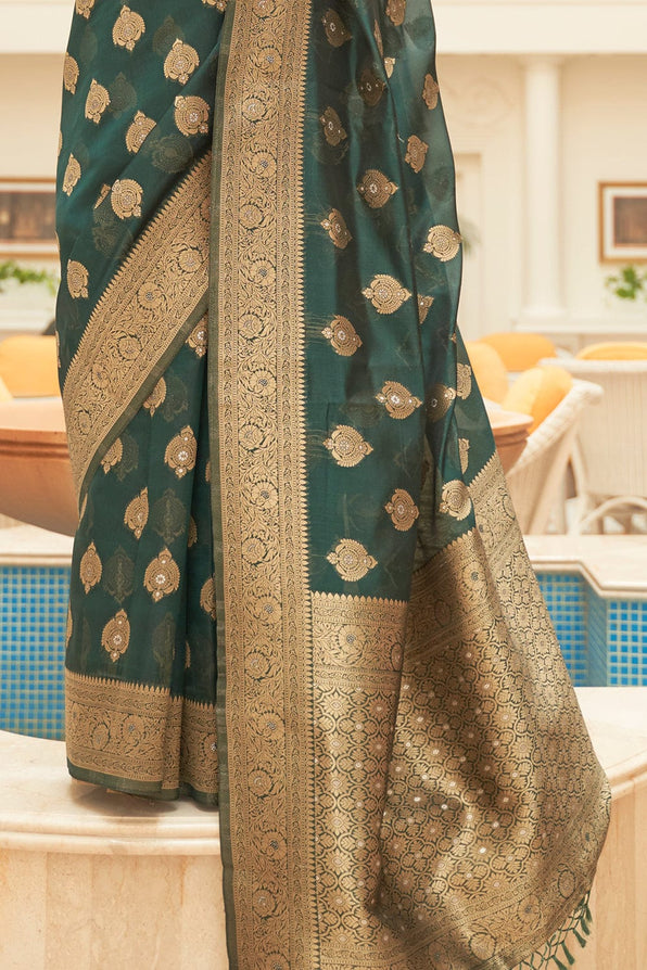 Buy MySilkLove Mineral Green Zari Woven Organza Silk Saree Online