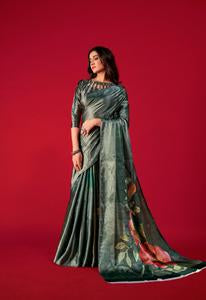 MySilkLove Asparagus Dark Green Satin Silk Saree