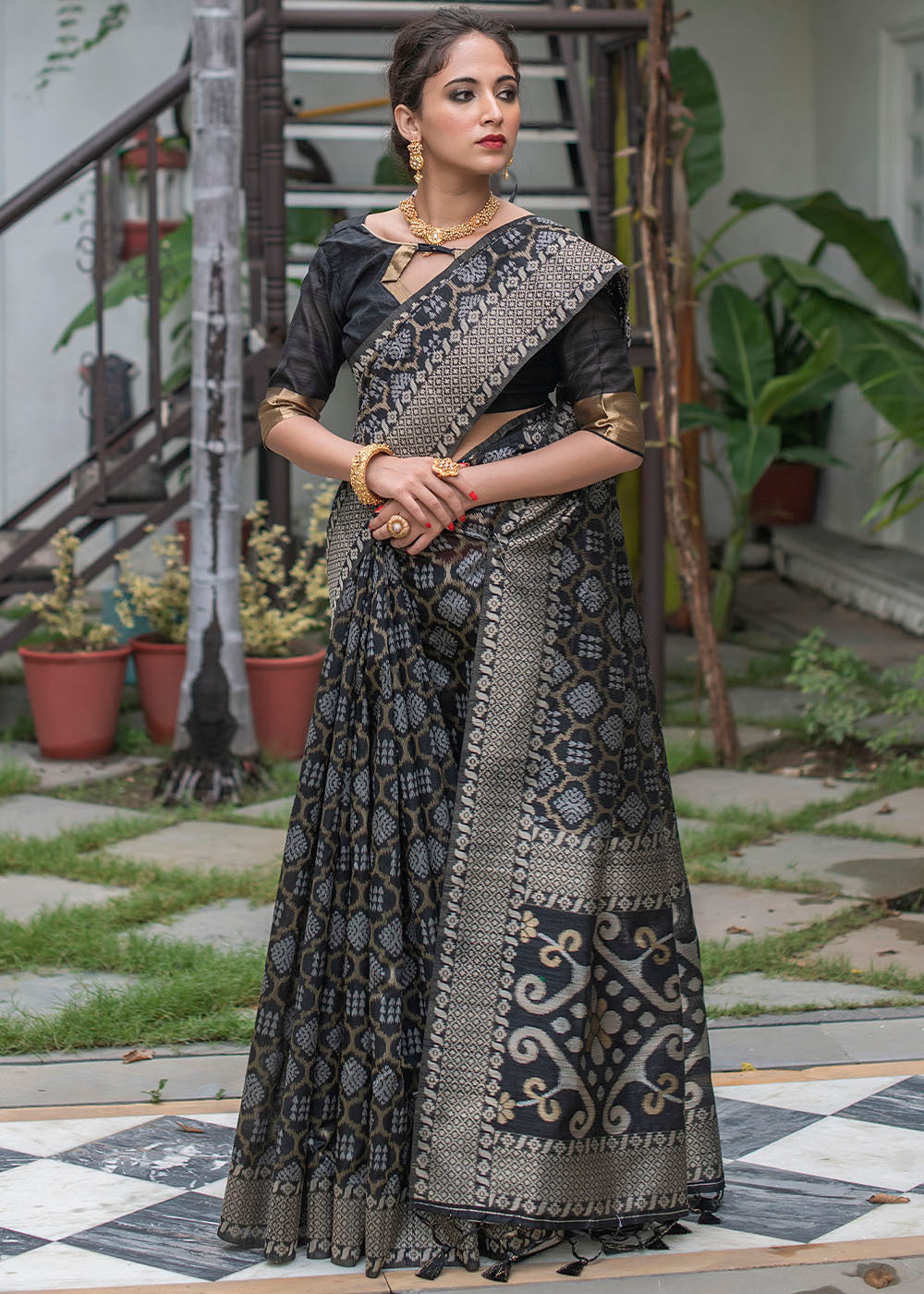 Buy MySilkLove Fuscous Black Zari Woven Tussar Saree Online