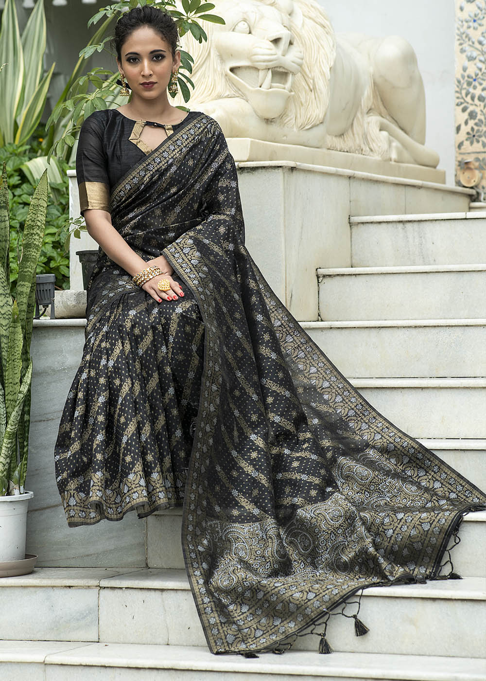 Buy MySilkLove Metal Black Zari Woven Tussar Silk Saree Online