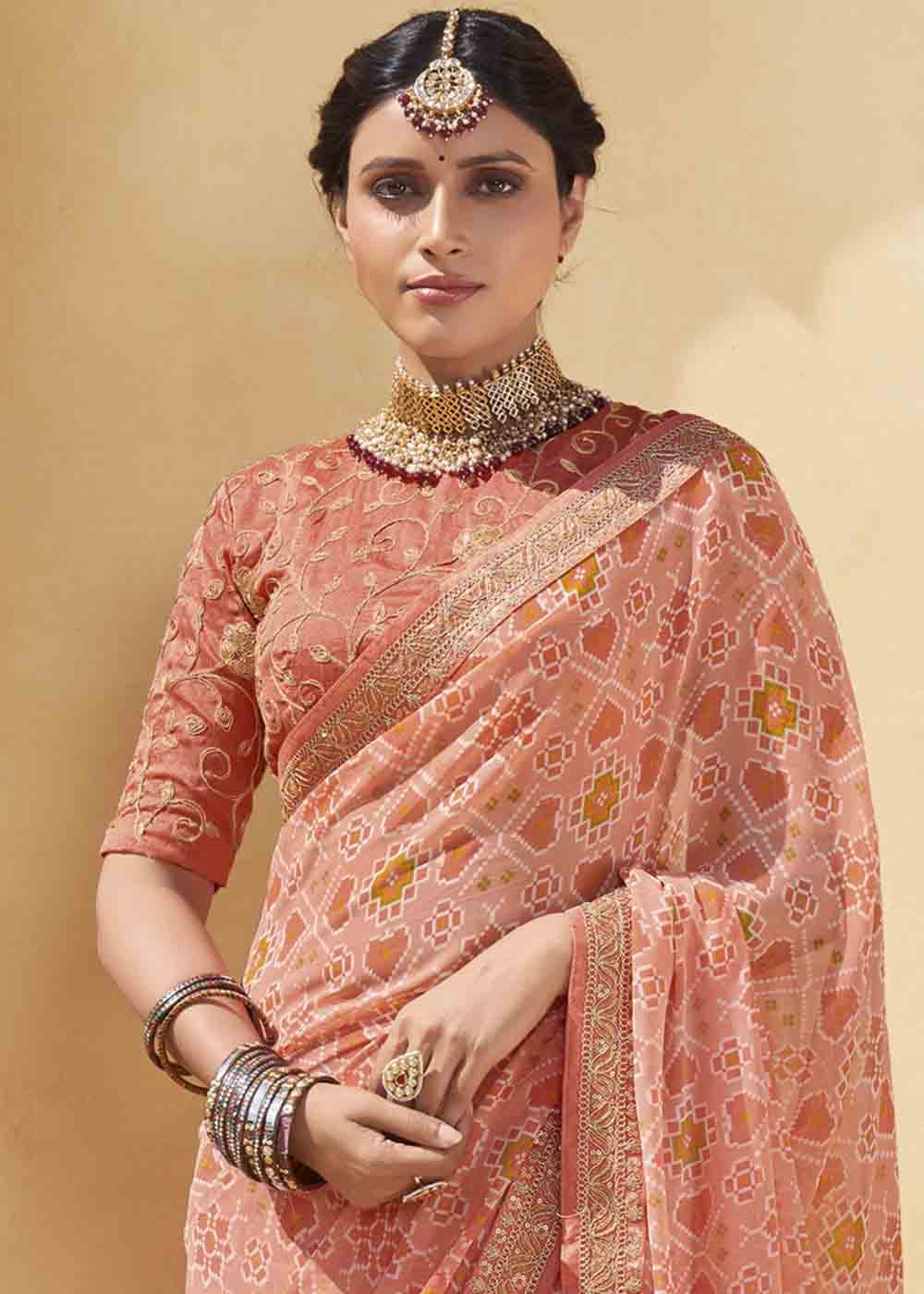 MySilkLove Tonys Peach Patola Print Georgette Saree With Embroidered Blouse