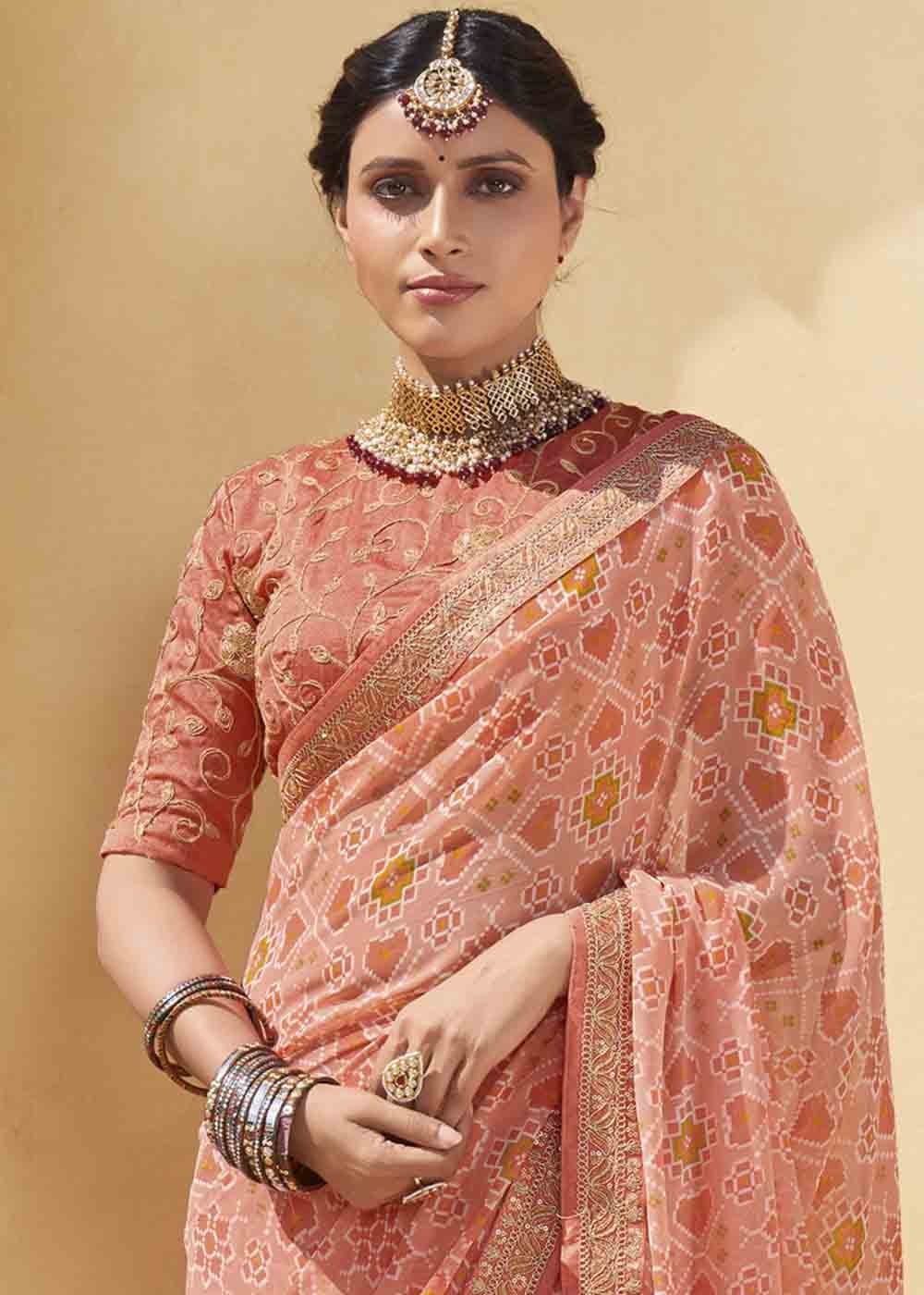 Buy MySilkLove Tonys Peach Patola Print Georgette Saree With Embroidered Blouse Online