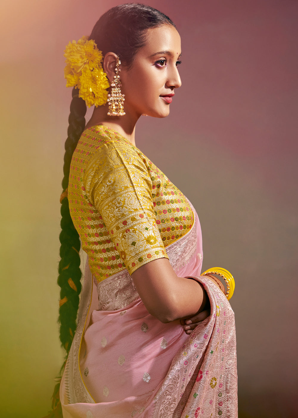 Buy MySilkLove Azalea Pink and Yellow Woven Banarasi Soft Silk Saree Online